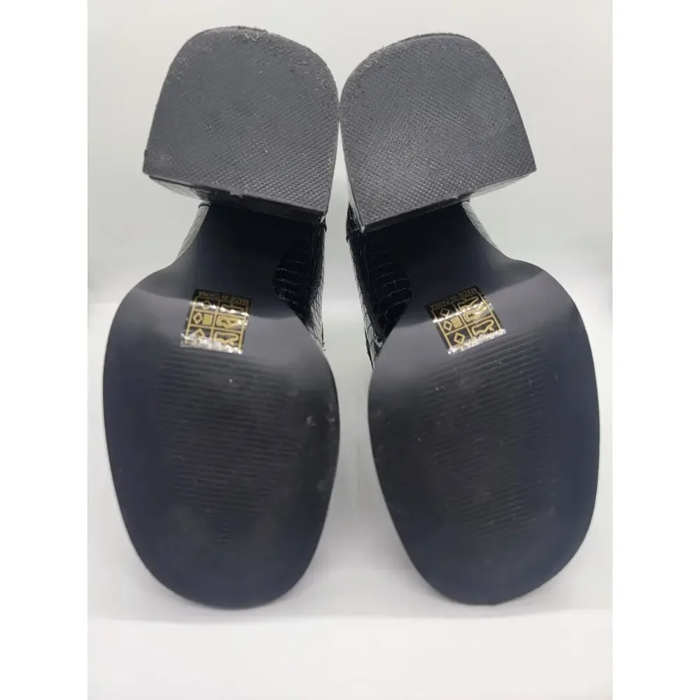Koi Footwear Black Vegan Chunky Heel Slip-On Shoes UK 4 Snake Print Square Toe🖤
